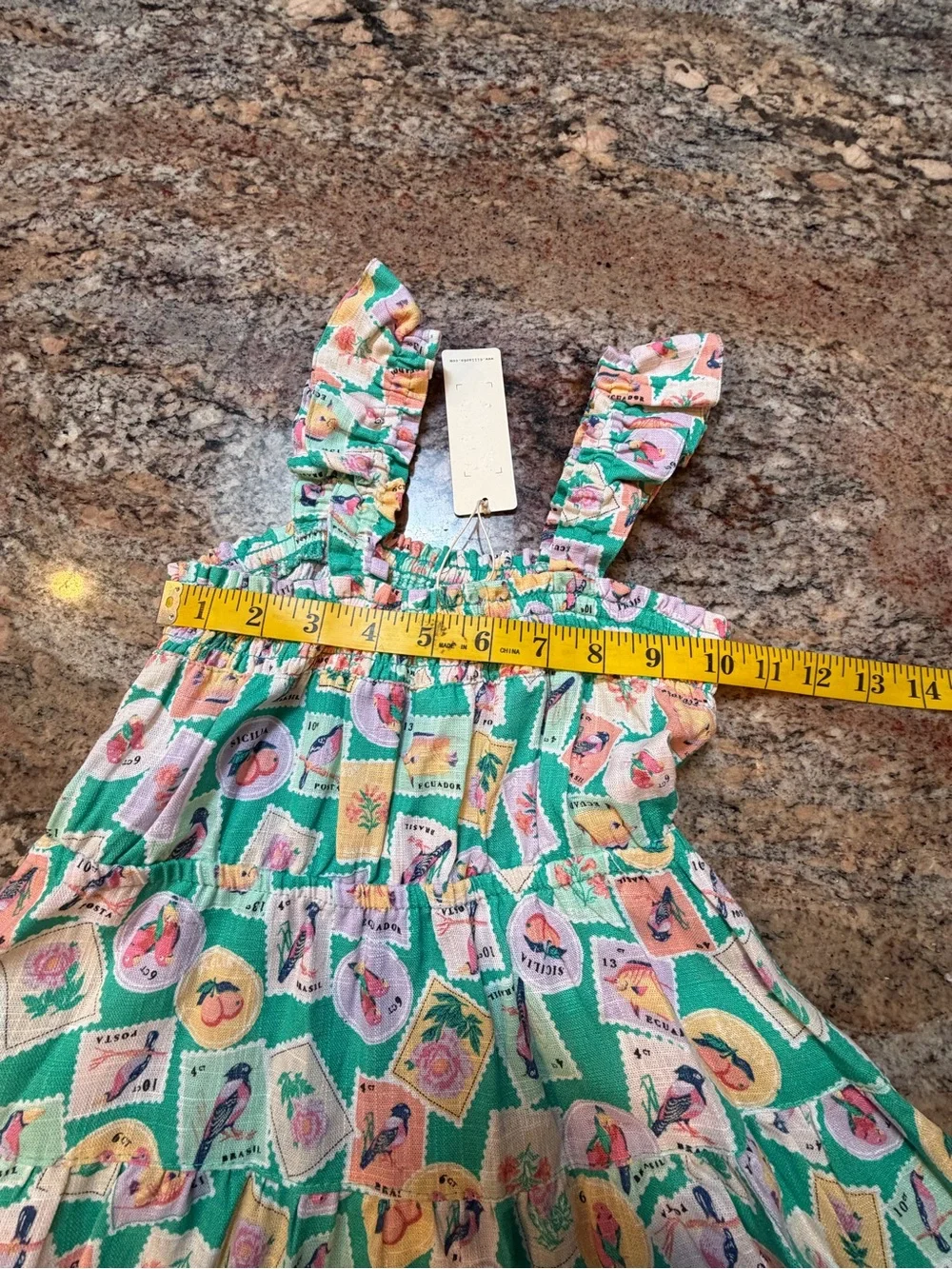 Copper Key Mint Green Tiered Dress with Multicolor Birds Stamp Print